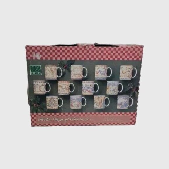 222 Fifth Twelve Days of Christmas 12 Mug New in Original Box RARE